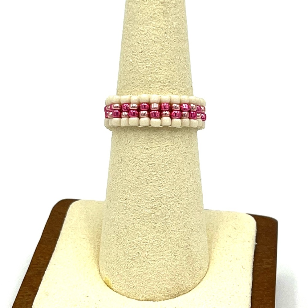HAND CRAFTED Cream and Pink Beaded Ring